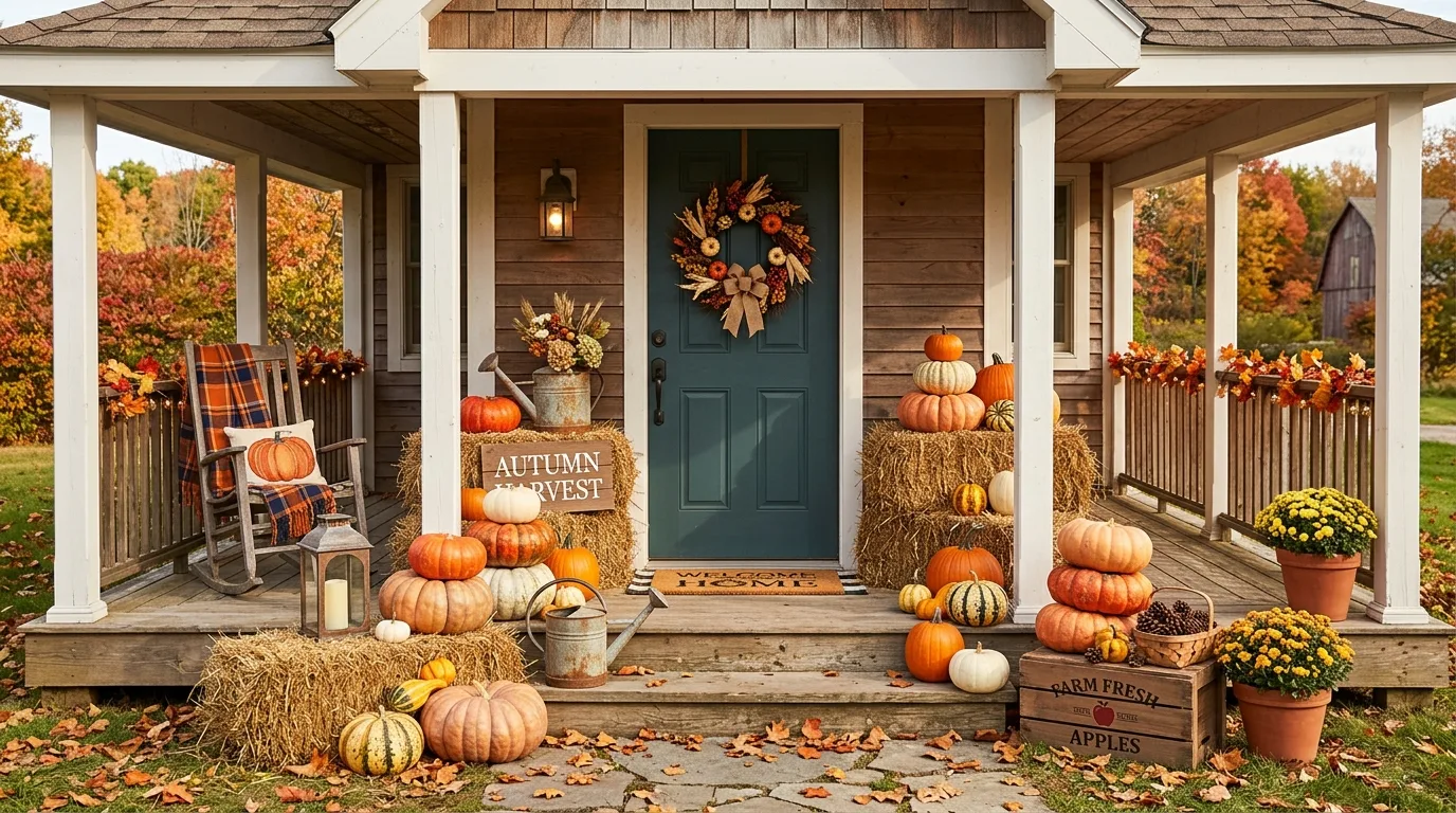 Let lanterns create warmth at the door inspiration for a fall porch.